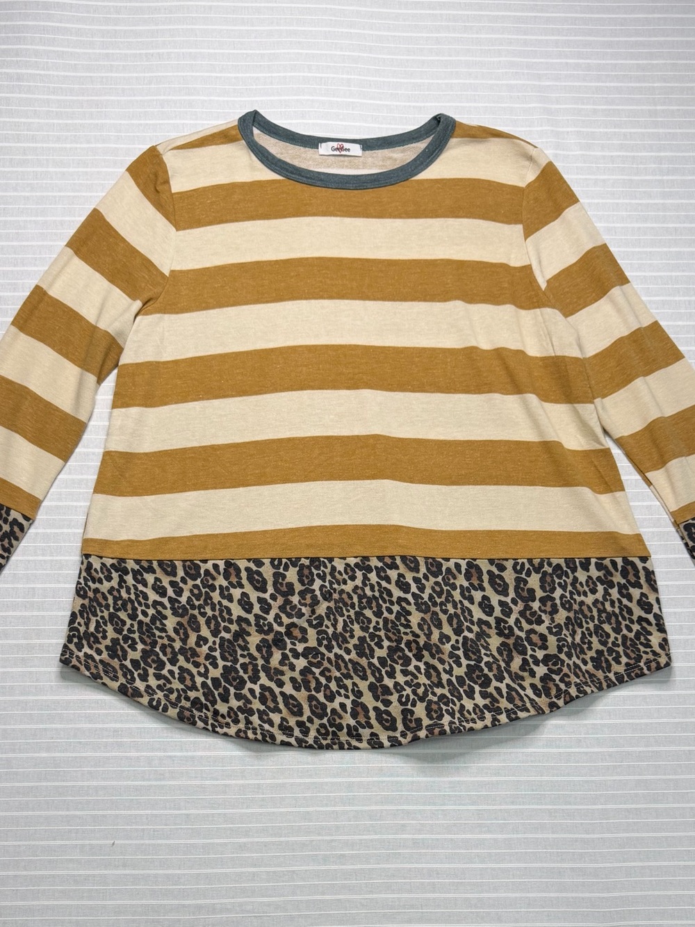 GeeGee Mustard Stripe & Leopard Print Long Sleeve Top – Size M 🐆🤎